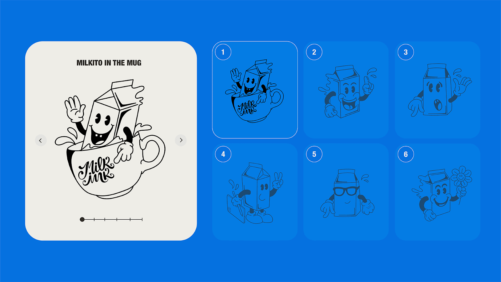Imagem mostra aplicações do mascote Milkito na identidade da MIlk Ink.