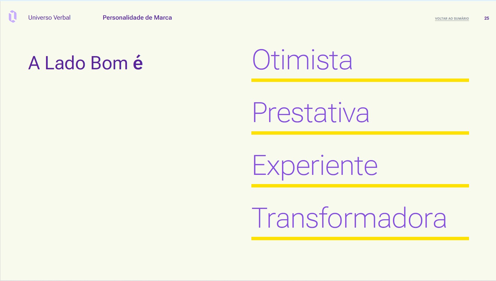 Exemplo da personalidade de Lado Bom: Otimista, prestativa, experiente, transformadora.